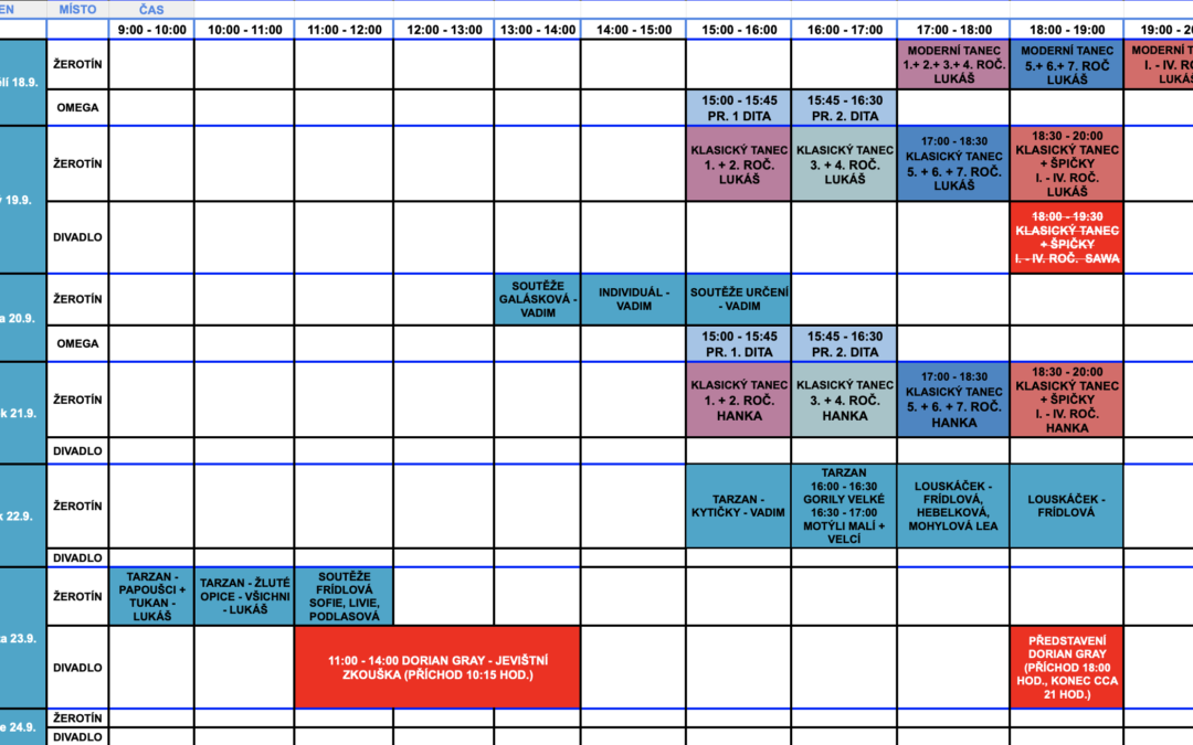 Týdenní rozvrh 18. – 24.9. | Zkoušky na Tarzana, Louskáčka, Soutěže – aktualizace