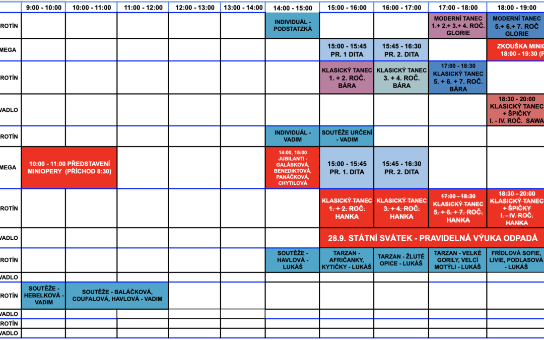 Týdenní rozvrh hodin 25.9. – 1.10.| Zkoušky na Miniopery, Tarzana a soutěže